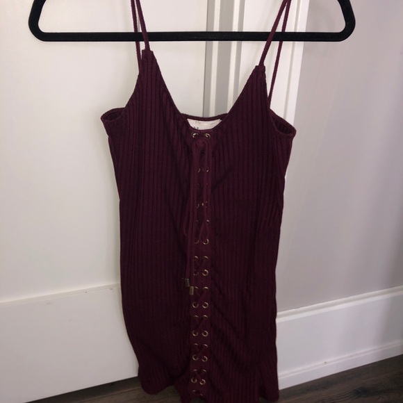 Wine, gold hardware lace up minidress - Picture 3 of 4